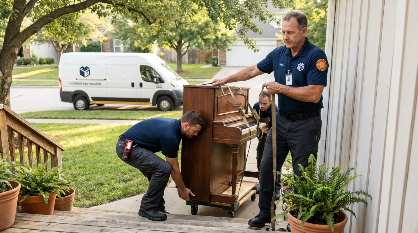 Licensed piano movers securing grand piano in Mill Neck, NY