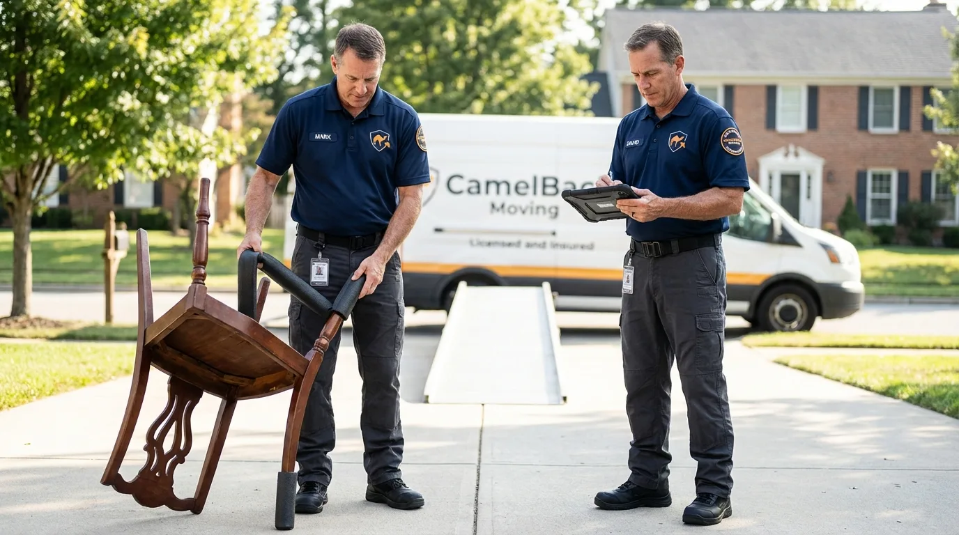 Movers inspecting furniture for damage prevention before loading in Mill Neck, NY