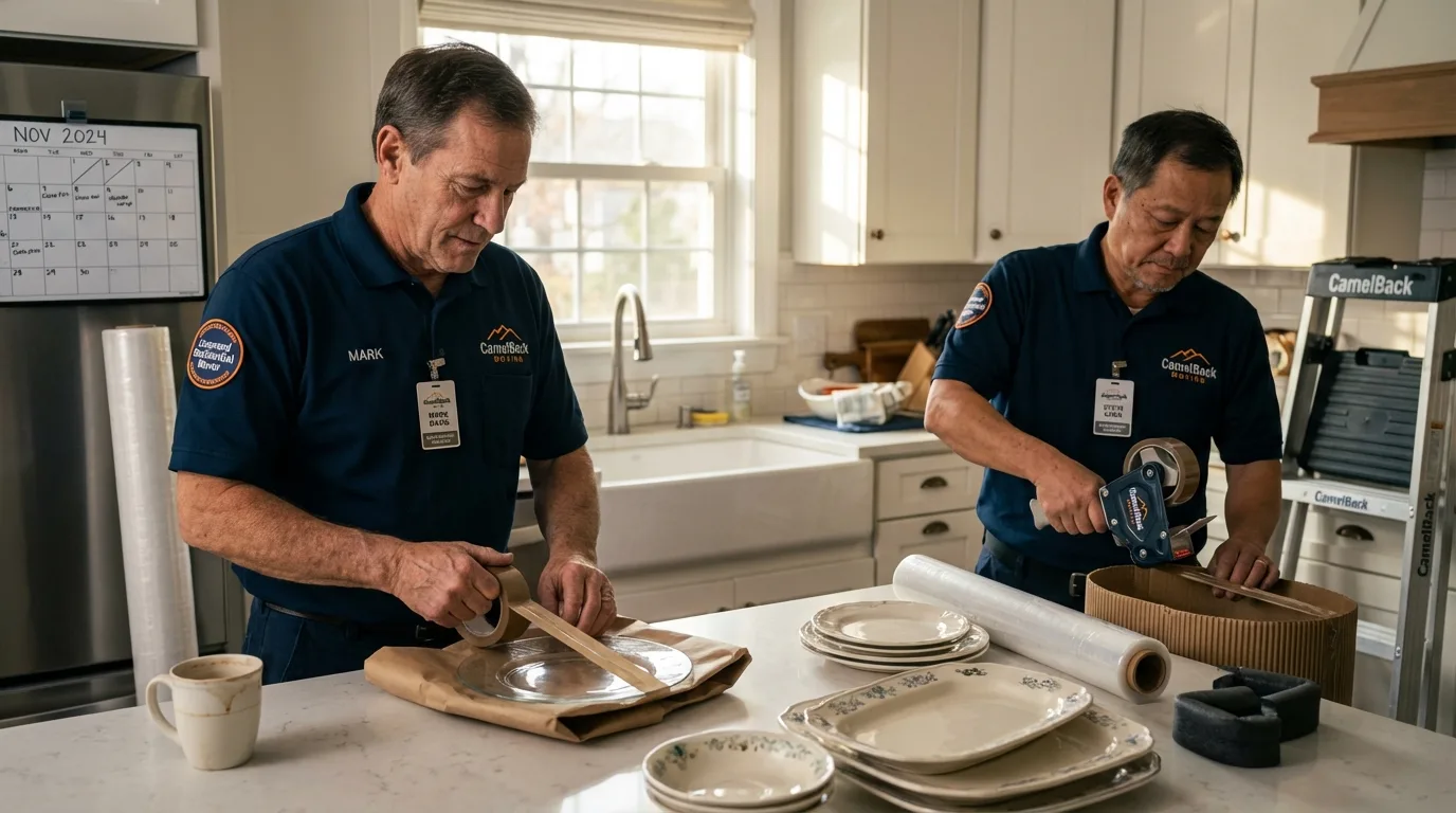 Professional crew packing kitchen dishware in Mill Neck, NY